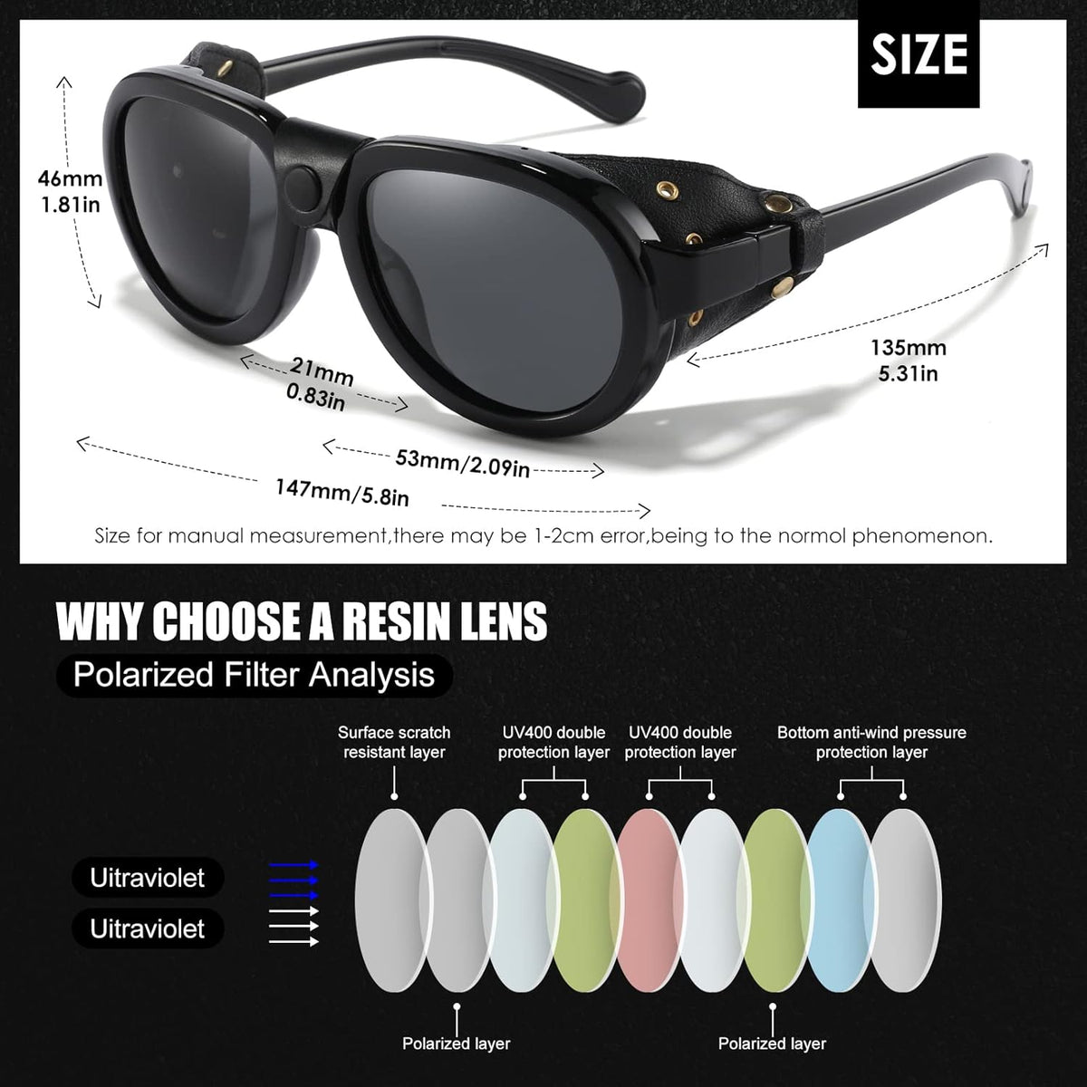 Skiennix Retro Aviator Steampunk Sunglasses - Polarized Vintage Goggles with Leather Side Shields for Men & Women