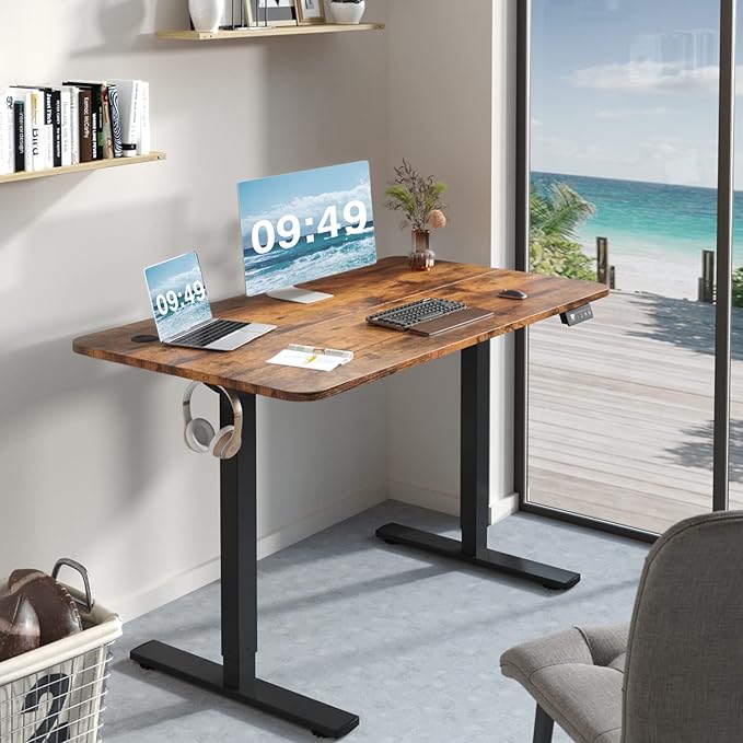 Furmax Electric Height Adjustable Standing Desk Large 48 x 24 Inches Sit Stand up Desk Home Office Computer Desk Memory Preset with T-Shaped Metal Bracke, Brown
