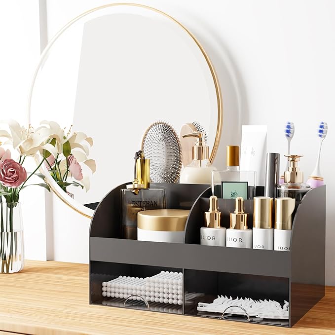 Makeup Organizer with Drawers, Cosmetic Storage for Dresser Vanity and Bathroom Countertop, Beauty Holder for Lipstick Brush, Skincare Organizer for Vanity, Cosmetic Display Case (Black)