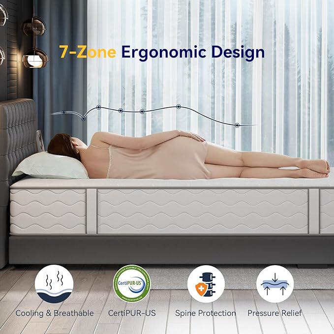 14 Inch Twin Hybrid Mattress, 7-Zone Green Tea & Charcoal Cooling Gel Memory Foam Mattress in a box,Pocketed Springs for Isolate Motion, Pressure Relief, CertiPUR-US Certified, Support Comfort