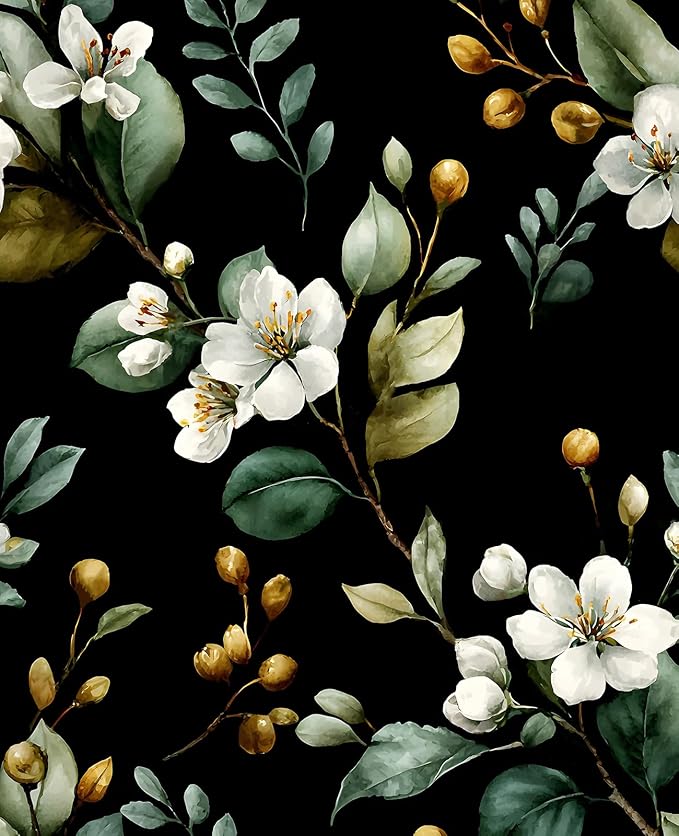 Black Floral Wallpaper Peel and Stick, Vintage Dark Green Leaves
