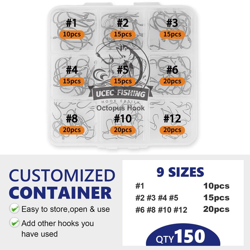 UCEC Small Fishing Hooks Freshwater, 150PCS Barbed Octopus Hook Kit, Catfish Circle Hooks Saltwater Fishing Hook Set High Carbon Steel Size #1#2#3#4#5#6#8#10#12