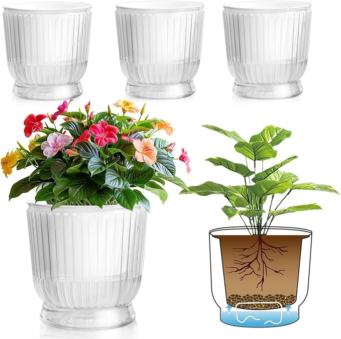 T4U 6 Inch Self Watering Pots for Indoor Plants, 4 Pack Self Watering Planter, Self Watering Pot with Reservoir, Clear Self Watering Pots for Indoor Plants, African Violets (4 Pack, 6", Clear)