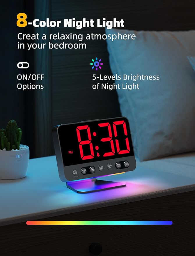 Odokee Digital Alarm Clocks for Bedrooms: Large Bold Number 5 Brightness Dimmer