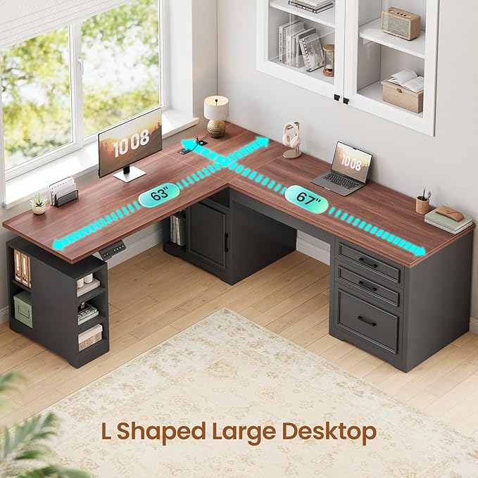 SEDETA Farmhouse L Shaped Electric Standing Desk, 63" x 67" Height Adjustable Home Office Executive Desk with Drawers and Shelves, Standing Computer Desks with Power Outlet for Home Office, Black