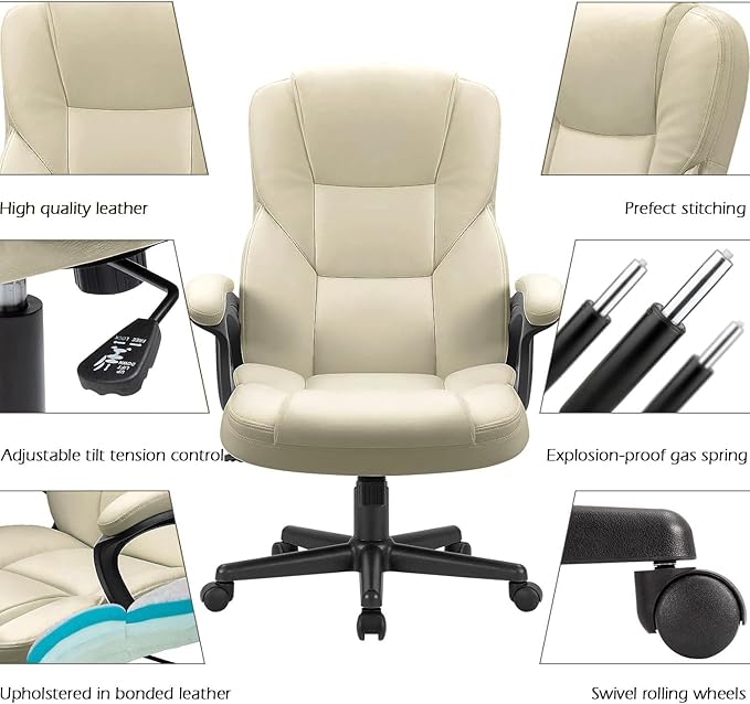Furmax Office Executive Chair High Back Adjustable Managerial Home Desk Chair, Swivel Computer PU Leather Chair with Lumbar Support (2, Khaki)