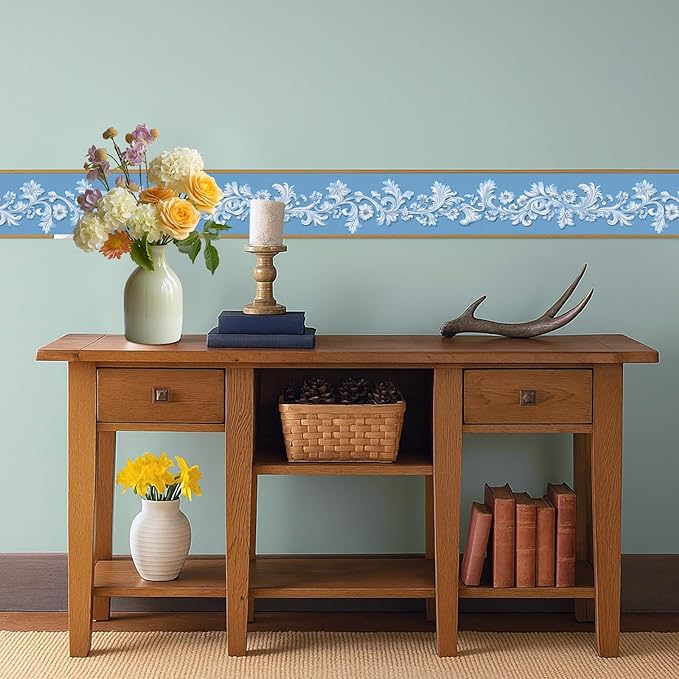 Blue Floral Wallpaper Border 196x4 Inch Peel and Stick Wall Border Elegant