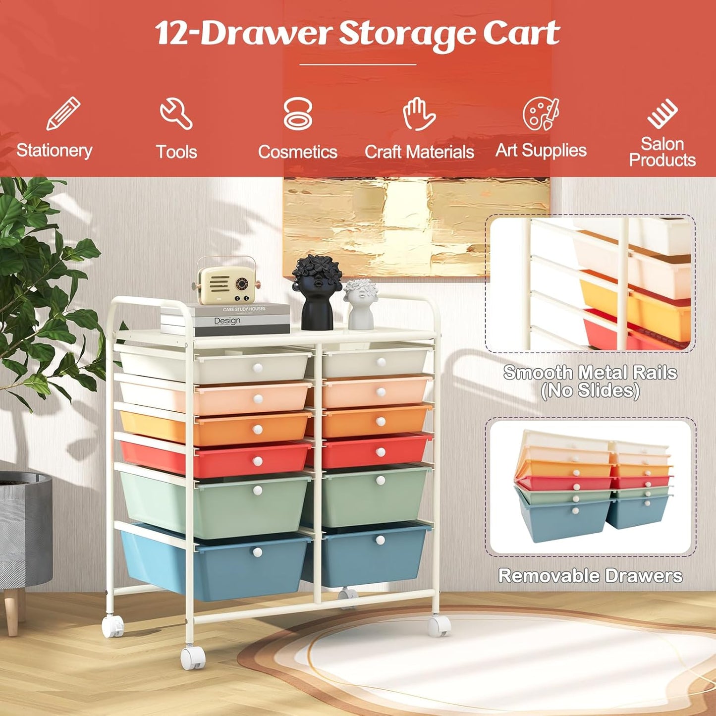 GOFLAME 12-Drawer Rolling Storage Cart, Multipurpose Organizer with 2 Sizes Plastic Drawers, Mobile Utility Cart with Lockable Casters for Home, Office, Beauty Salon, School, Macaron Color