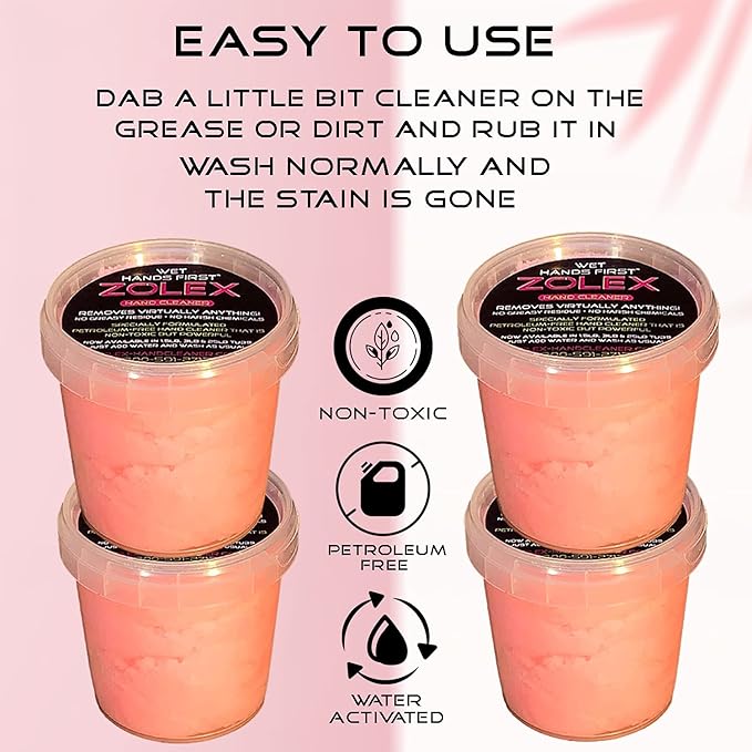 Zolex Water Activated Cherry Hand Cleaner for Hard Working Hands | Stain Remover for Heavy Duty Workers | Grease Remover for Mechanics and Industrial Workers - Non-Toxic Petroleum Free (Starter Pack - 4 Personal-Sized Tubs)