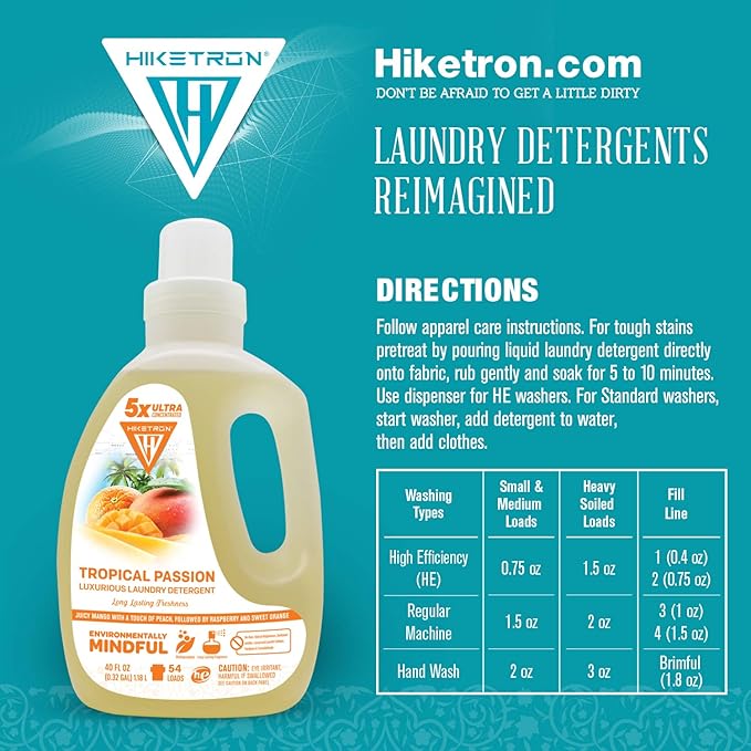 Hiketron Tropical Passion Liquid Laundry Detergent, 5x Ultra Concentrated, Tough Stains Remover, Long Lasting Scent (40 Fl Oz, Pack of 1)