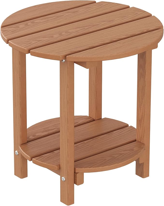 2 Tier Round Outdoor Side Table with Wood-Like Grain, HDPE Adirondack Table Patio Side Table, Weather Resistant End Table for Pool, Patio & Porch, Small Outdoor Table (Teak, Round)