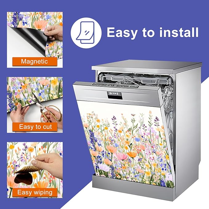 Dishwasher Magnet Cover 23x26 in Painted Pastel Flower Field with Butterflies Magnetic Dishwasher Cover for Kitchen Appliance Decoration Front Panel Sticker Panel Home Decor