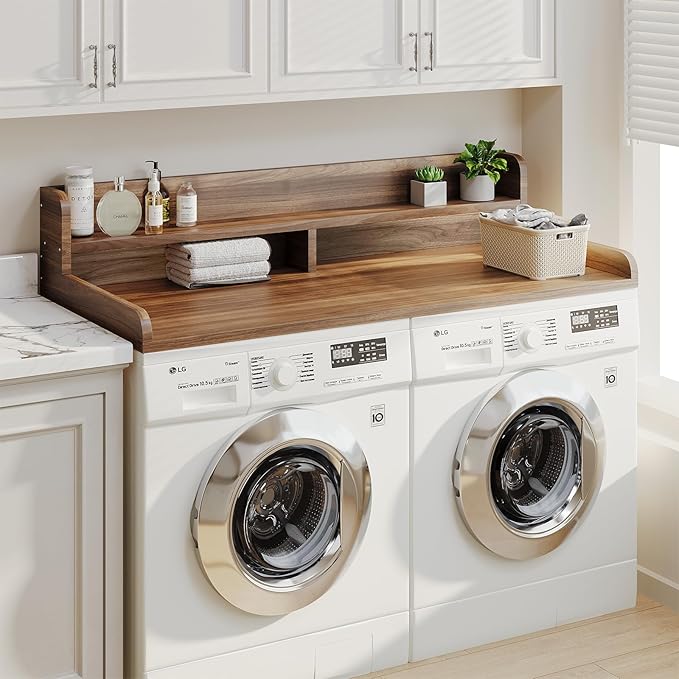 2-Tier Washer Dryer Countertop with 2.75" H Edge Rails, 58" W x 28" D Laundry Countertop for Folding Clothes, Washer and Dryer Topper with Non-Slip Pad (Dark Walnut)