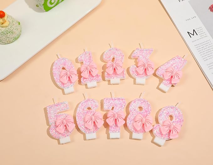 Number 17 Candle Pink Sequins and Bowtie 17th Cake Topper, 17 Birthday Candle for Girls Pastel Sweet Theme Birthday Party or Adults Milestone Age Decoration