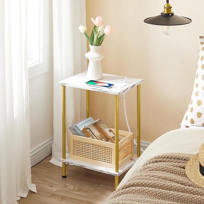 HOOBRO Side Table with Charging Station, Set of 2 End Tables with USB Port and Outlet, Nightstand with 2-Layer Storage Shelves for Small Spaces, Living Room, Bedroom, Gold and Marble DM09UBZP201