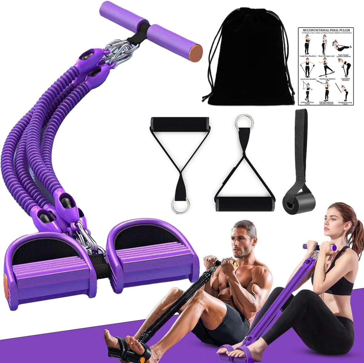 Skiennix Adjustable Foot Pedal Resistance Band - 4-Tube Ankle Puller for Full Body Workout | Purple