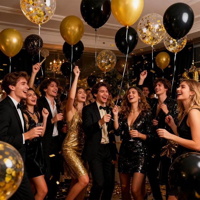 JOJO FLY 50 Pcs 12 Inches Black and Gold Balloons, Gold Confetti Balloons, Retirement, Birthday Party Decorations, New Years Eve Decorations, Graduation Party Supplies