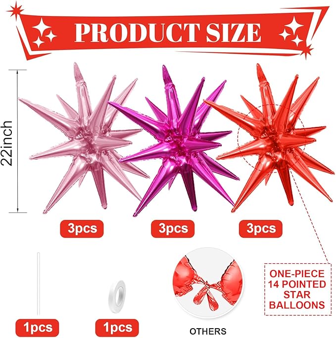 Hot Pink Red Star Balloons,9Pcs 22Inch Pink Red Explosion Spike Cone Helium Polyester Film Star Foil Balloons for Birthday Anniversary Baby Shower Valentine's Day Disco Party Decorations