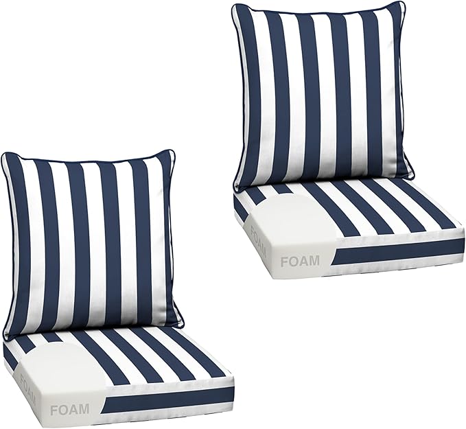 Arden Outdoor Foam Deep Seat Cushion Set (2-Pack), 24x24, Premium High-Density Foam, Never Flattens, Weather-Proof for Patio Chair Sofa Couch, Sapphire Blue Cabana Stripe