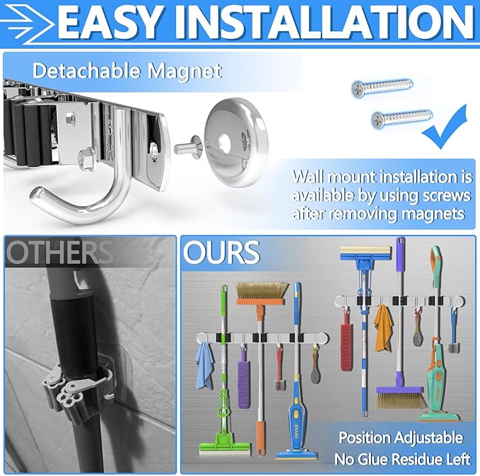 3-H Magnetic Broom Holder Wall Mount 1 Pack, 2-in-1 Dual Mount (No Drill or Screw Fix), 304 Stainless Steel Heavy Duty Magnet Mop Broom Organizer for Kitchen Garden Garage(4 Racks & 5 Hooks,Silver)