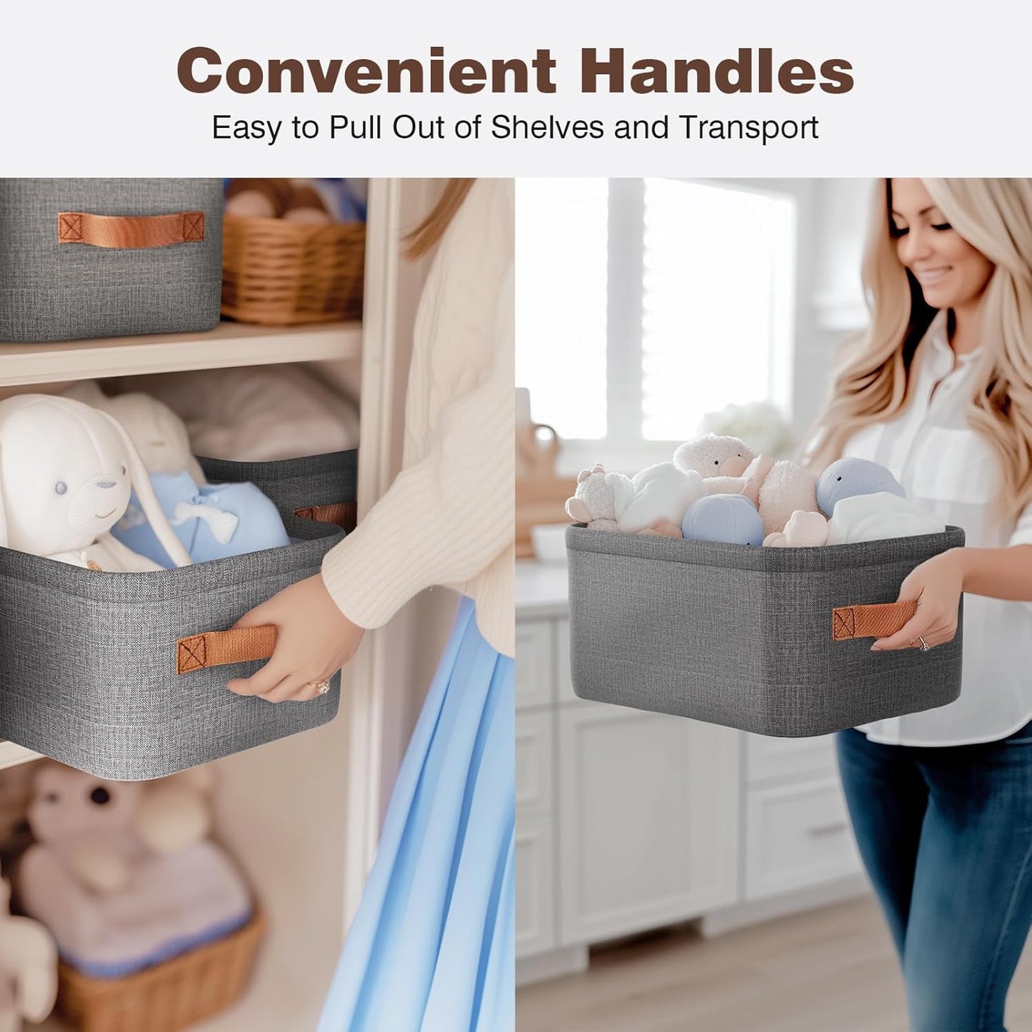 Large Storage Baskets for Shelves 3 Packs, Fabric Storage Bins for Shelves with Handles, 13.8'' L ×10.2'' W × 6.7'' H Collapsible Baskets for Organizing Clothes, Toy, Grey