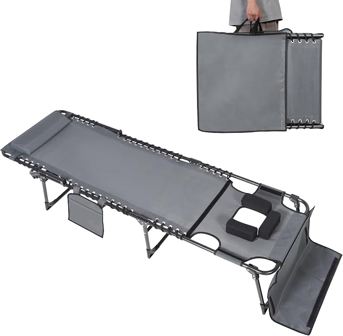 Outdoor Chaise Lounge Chair with Face Hole and Arm Hole, Tanning Chair with 5 Position Adjustable Back, Foldable Lounge Chair with Detachable Pocket and Pillow for Beach, Pool, Gray