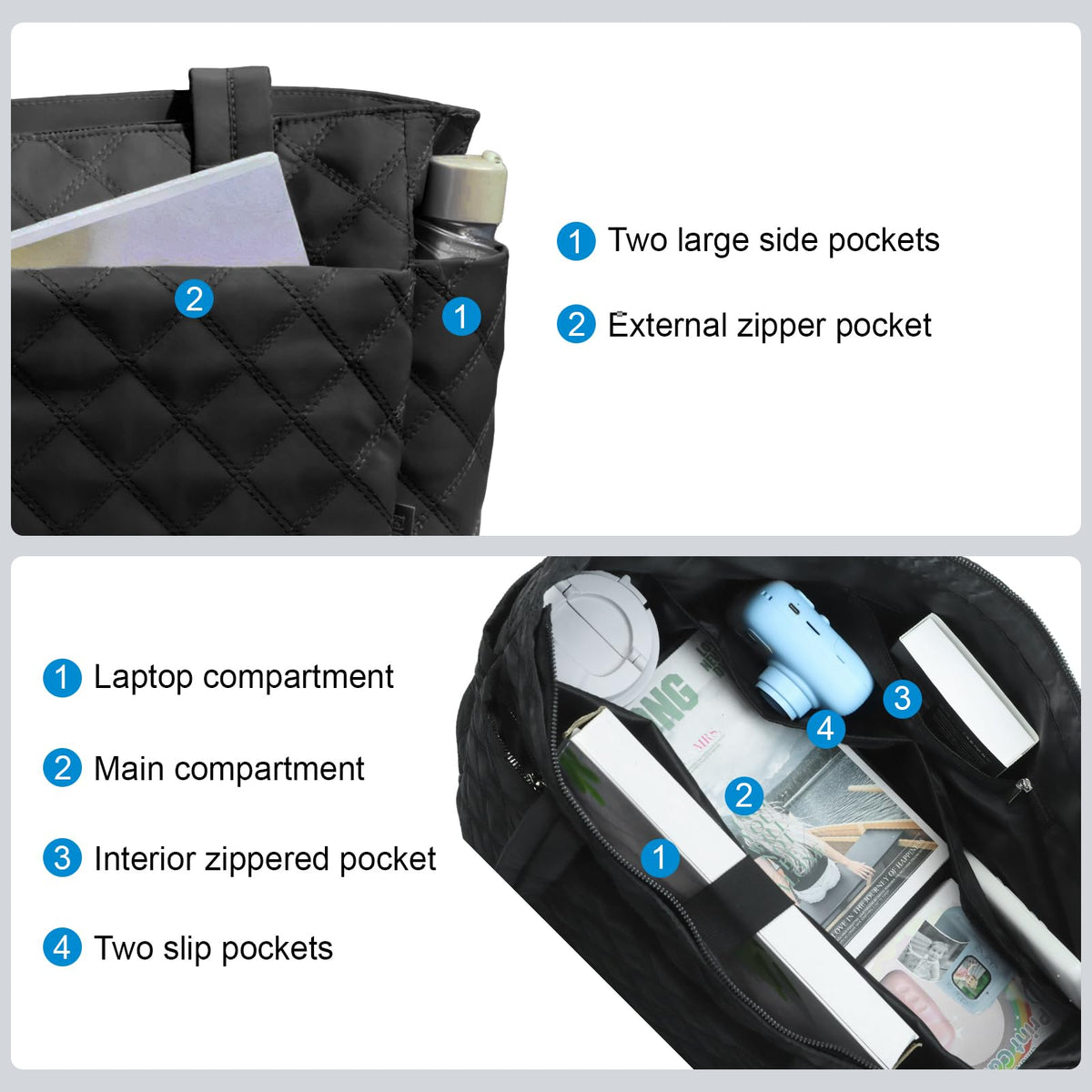 TRIOBASE Tote Bag for Women,Lightweight Quilted Handbag with Compartments,Puffer Shoulder Tote Bag with Zipper for Work,Travel,Gym