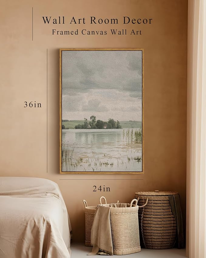 InSimSea Framed Canvas Prints Art Vintage Decor, Countryside Lakeside Landscape Paintings, Large Prints, Retro Hanging Wall Decorations for Bathroom Bedroom Living Room, 24"x36"