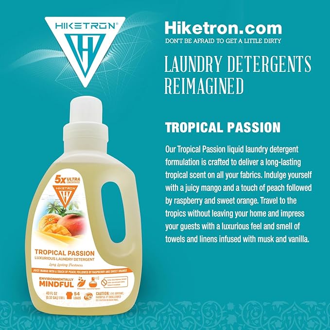 Hiketron Tropical Passion Liquid Laundry Detergent, 5x Ultra Concentrated, Tough Stains Remover, Long Lasting Scent (40 Fl Oz, Pack of 1)