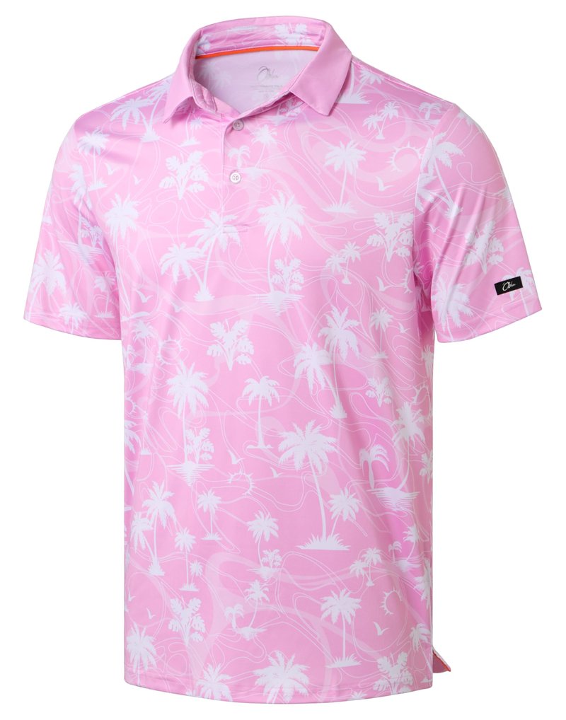 Obla Mens Golf Polo Shirts Short Sleeve Dry Fit Casual Print Collared Golf Shirts Wicking for Men(Pink Coconut Beach_XXL)