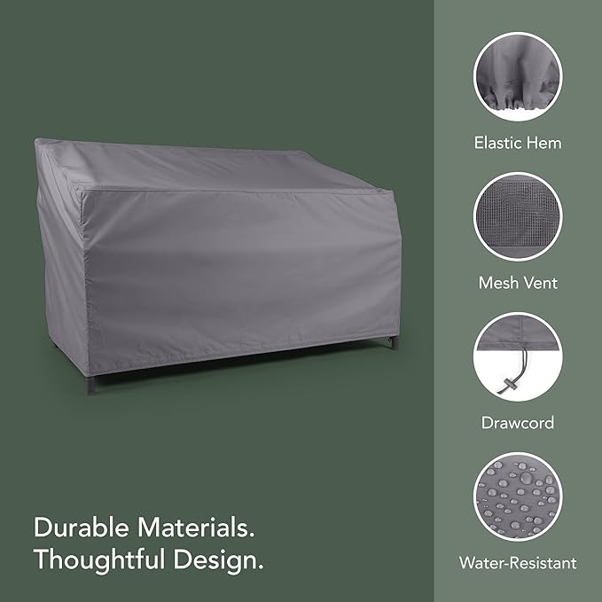 Covermates Elite Outdoor Patio Sofa Cover – Water-Resistant 300D Polyester, Double-Stitched Seams, Elastic Hem, Auto-Locking Drawcord & Mesh Vent for Moderate Weather, 123W x 34D x 34H, Charcoal