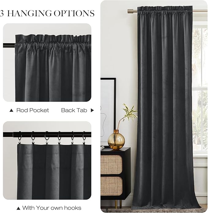 NICETOWN Grey Velvet Blackout Curtains 108 inches Long