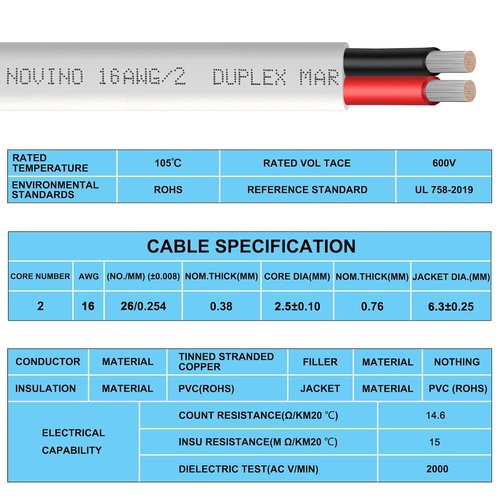 Duplex Marine Grade Wire - 16 Gauge Tinned Copper Electrical Cable | 30ft for Boat, RV, Automotive