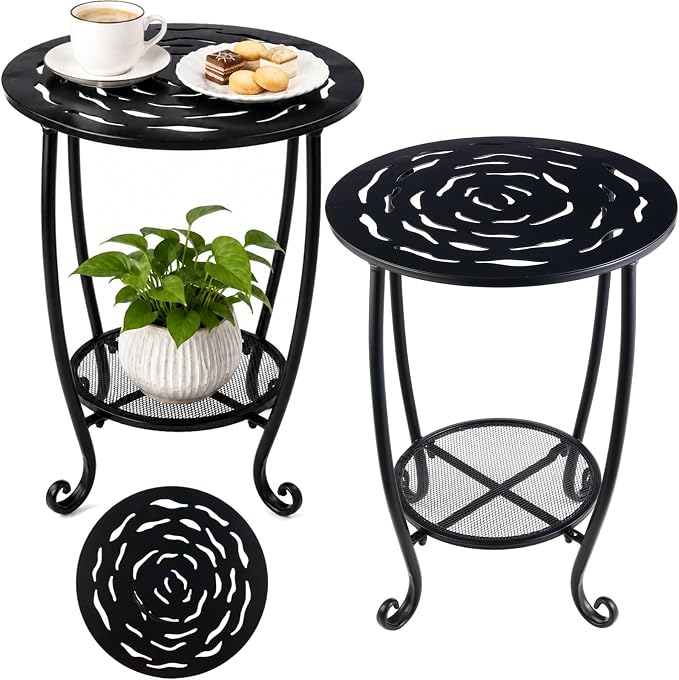 Metal Round Side Table Set of Two Black Accent Coffee Tables Small Space Corner Plant Stand Shelf for Indoor Outdoor Porch Patio Balcony Living Room End Table with Storage