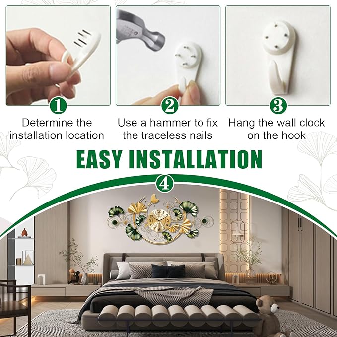 Big Wall Clock, Unique Ginkgo Leaf Decorative Wall Clocks, Luxury Metal Gold