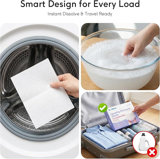 BellaLuce Sensitive Skin Laundry Detergent Sheets, 100 Loads (50 Count) - Hypoallergenic & Fragrance Free Washing Strips, Gentle for Baby, Travel & Dorm Essentials