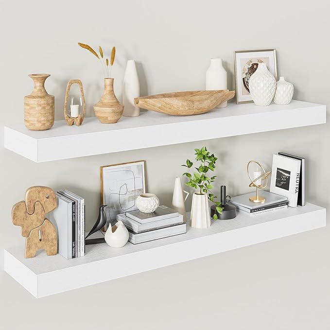 40 Inches Floating Shelves for Wall, 9.3" Deep White Long Floating Shelves Set