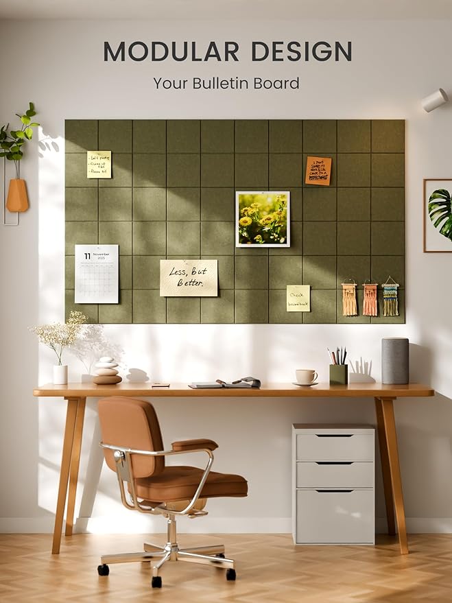 Bumusty Large Felt Bulletin Board, 30 Push Pins, 70 Adhesive Tabs, Olive Green