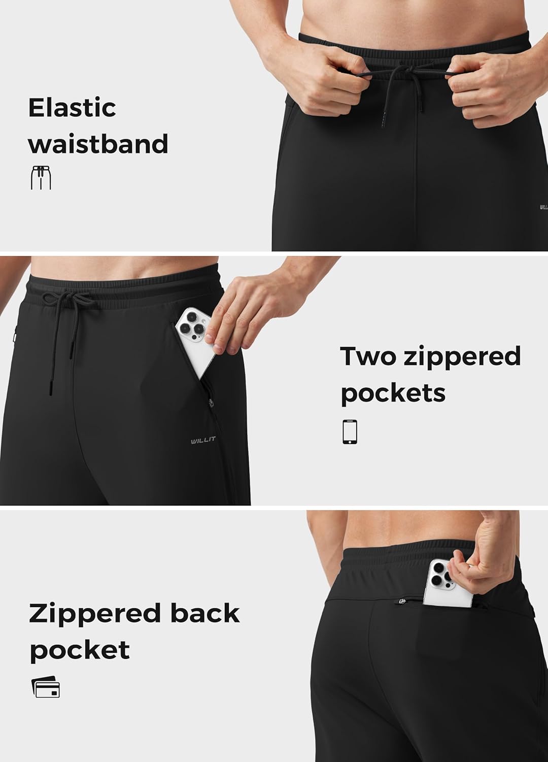 Willit Men's Athletic Jogging Sweatpants - Comfortable Workout Pants with Zipper Pockets | Gray
