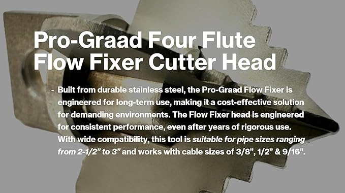 2” Spear 4 Flute Flow Fixer Drain Cleaner Plumbing Snake Cutter Head for 2-1/2” – 3” Pipes, Clears & Scrapes Inner Walls, Fits 3/8” 1/2" or 9/16” Cables, Commercial & Residential Use