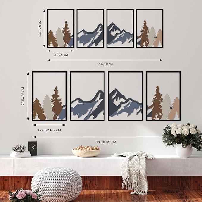 ESTART 4 Pcs Metal Mountain and Forest Wall Decorations Line Drawing Wall Art Minimalist Wall Decor Rustic Nature Home Wall Art Sculpture For Living Room Bedroom Office (Mountain Forest Large)