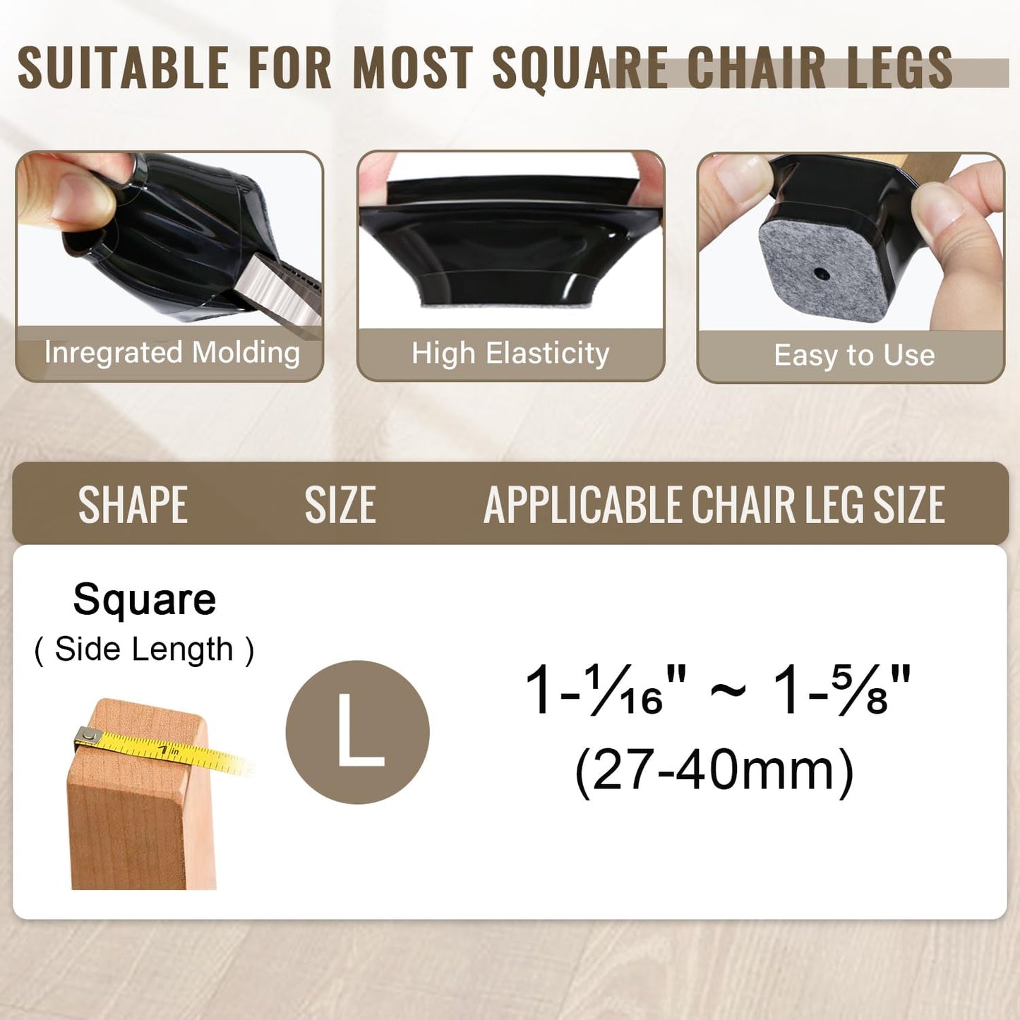 BUMACO Chair Leg Floor Protectors Square Chair Leg Protectors for Hardwood Floors 20Pcs Silicone Covers to Protect Floors Square (Black-L Fit 1-1/16" to 1-5/8")