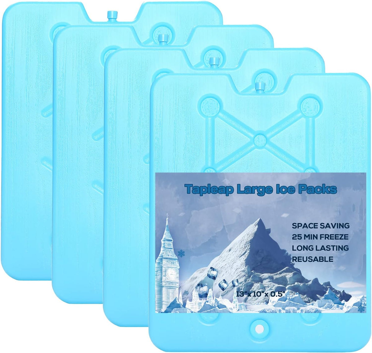 XL Large Ice Packs for Coolers - Slim Freezer Packs for Camping- Long Lasting Reusable Dry Ice Blocks, 13 x 10 x 0.5 inch, Quick Freeze - Set of 4