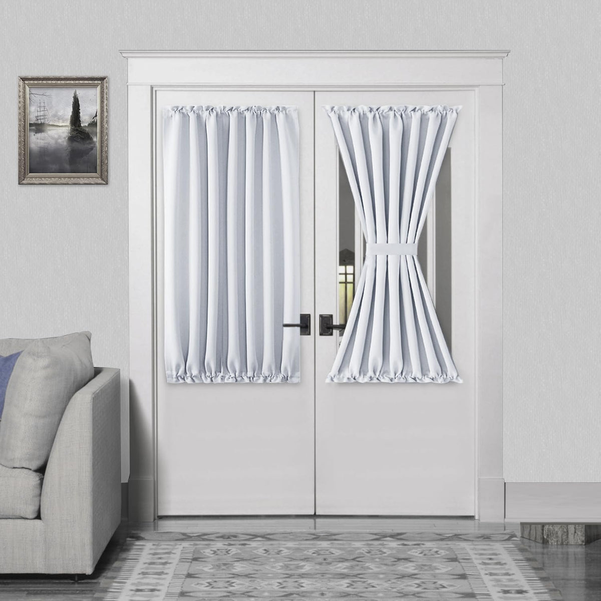 DWCN French Door Curtains – Rod Pocket Thermal Curtain for Doors with Glass Window, Kitchen and Patio Doors for Privacy, 54 X 40 Inch Length, 1 Curtain Panel with Tieback, Greyish White