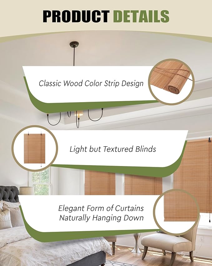 FoundGo Retro Bamboo Blinds 72" W x 72" H Bamboo Roman Shades Light Filtering