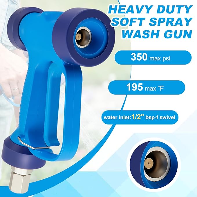 Baquler Blue High Volume Soft Wash Gun with Ss Swivel Pin, 350 Psi, 16 Gpm, 1/2" Bsp, Heavy Duty Rear Entry High Flow Low Pressure Wash Down Spray Gun for Car Patio Pools Structure Cleaning