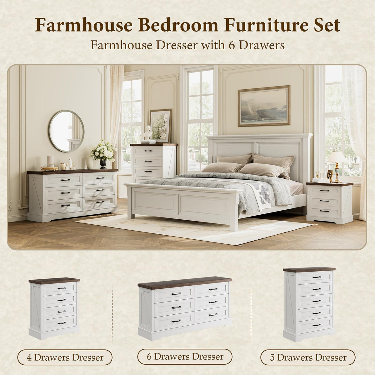 AODK Farmhouse 6 Drawer Dresser for Bedroom, White 59" Wide Engineered Wooden Chest of Drawers with Thick Board, Metal Handles, Modern Storage Cabinet for Living Room, Entryway, Walnut Top