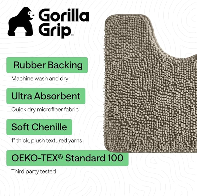 Gorilla Grip Shaggy Chenille Bath Rug Mat for Toilet Base, Machine Washable, Microfiber Dries Quickly, Plush Absorbent Contour Mats for Toilets, Bathroom Decor, Oval U-Shape, 22'' x 19'' x 15'', Latte