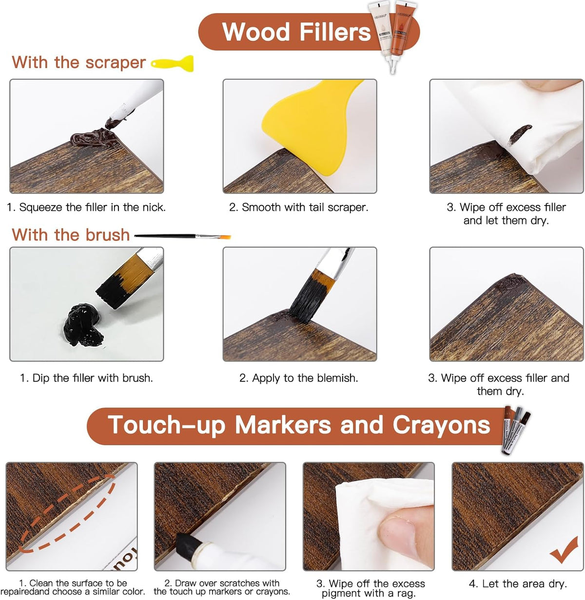 SEISSO Wood Furniture Repair Kit, 42 Pcs Wood Filler and Touch Up Markers with Wax Sticks, Vinyl Floor Repair Kit for Scratches, Cracks, Holes, Discoloration for Door, Stain, Floor, Table, Cabinet