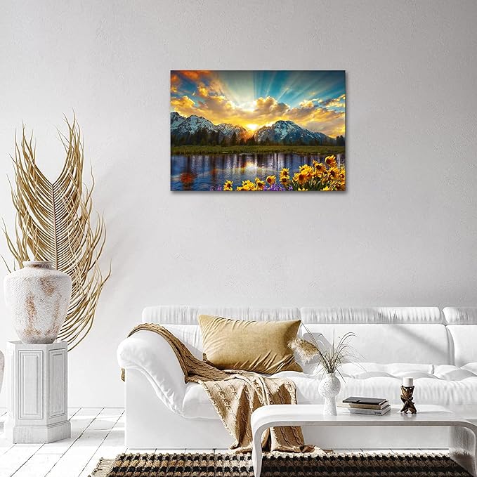 SKASNFAI Grand Teton National Park Wall Art Sunflower Landscape Canvas Mountain Artwork Landscape Print for Living Room Framed (24x36 inch)